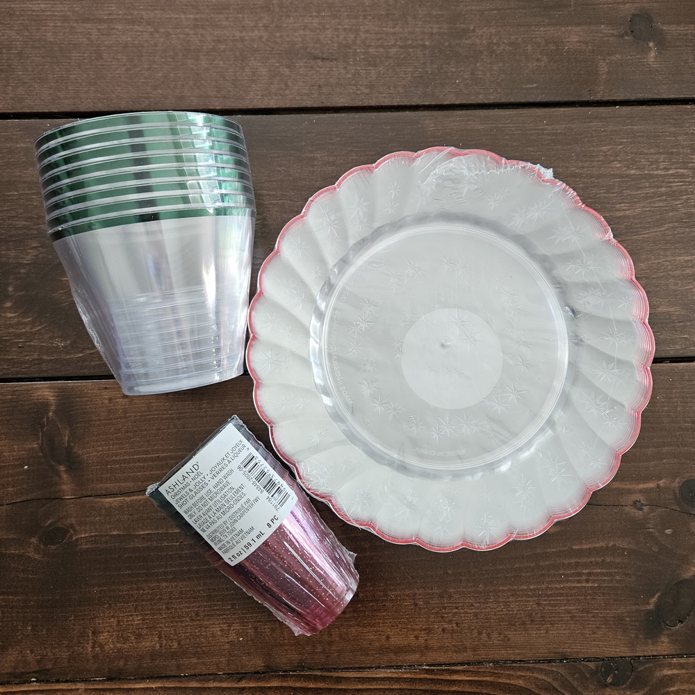Ashland Christmas Set of Reusable Plastic Plates, Cups 9oz and Shot Glasses 2oz